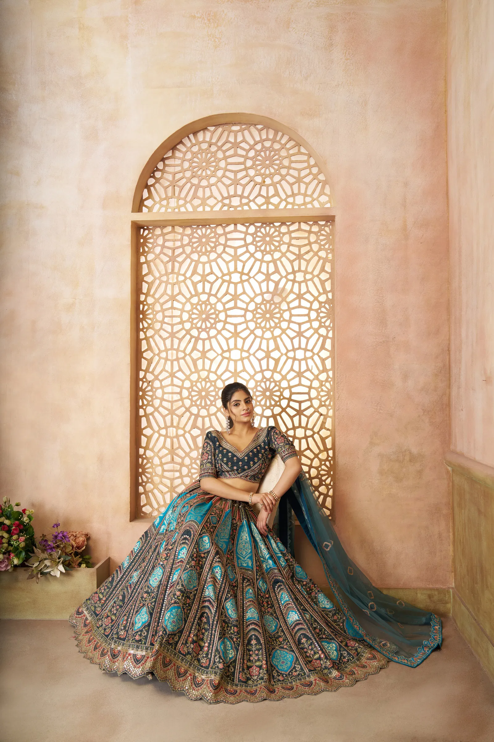 Kf-31- Blue Banarasi Silk Embroidered Lahenga For Wedding Wholesale In India